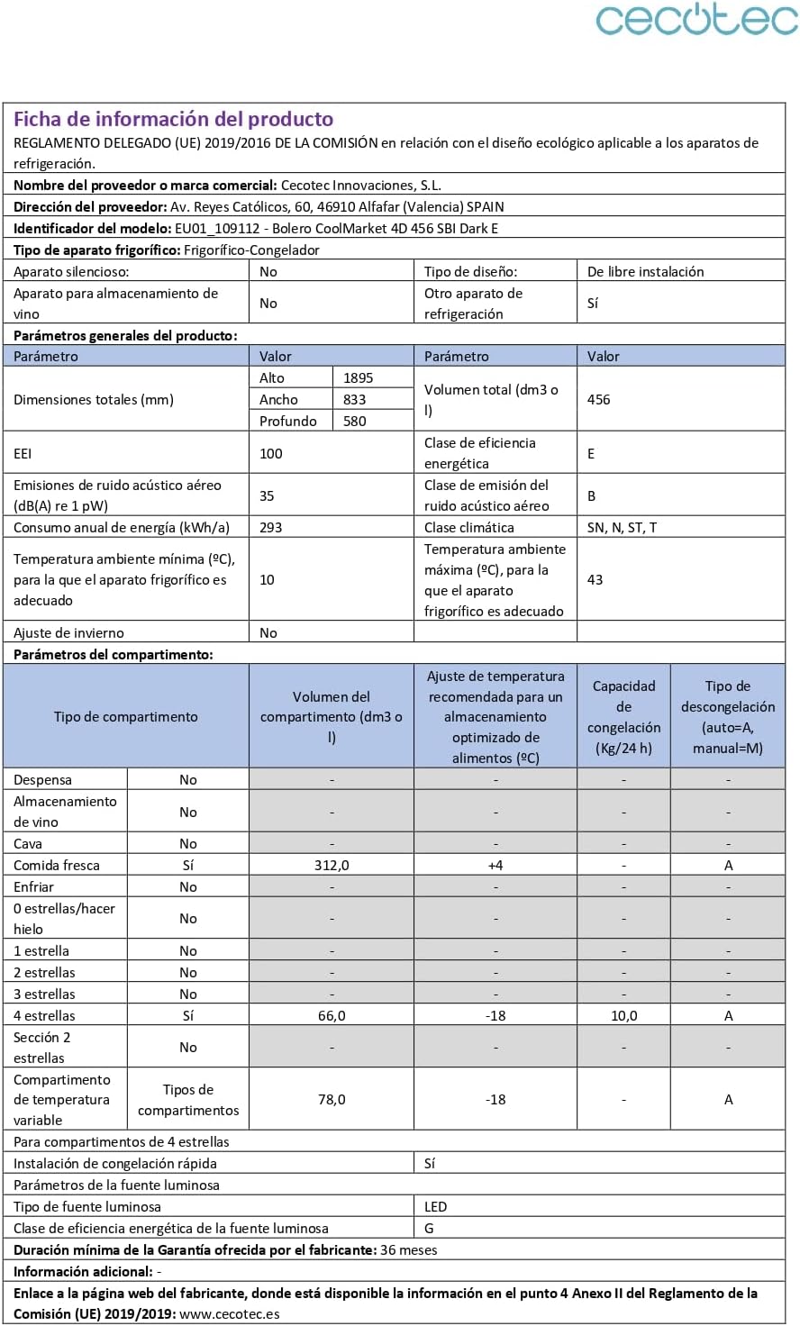 Cecotec - Bolero CoolMarket 4D, 456 L, 189x83 cm, No Frost, Inverter, 4 portes, 4D456SBI