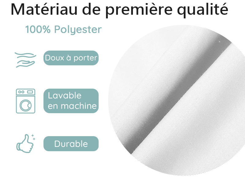 Gros plan d'un tissu en polyester blanc. Les icônes indiquent qu'il est doux, lavable en machine et durable. Le texte en français le décrit comme un matériau de haute qualité, 100 % polyester.