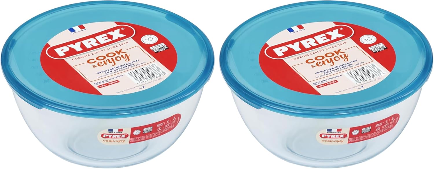 Pyrex - bol série borosilicate 2L - verre résistant, couvercle, lot de 2