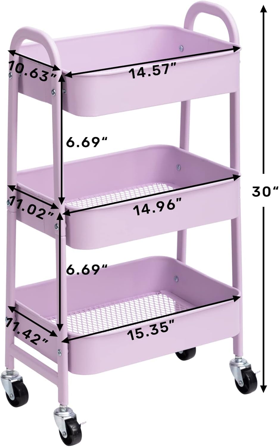DOEWORKS - Chariot à roulettes 3 niveaux métal - rangement cuisine, chambre et bureau - Violet clair