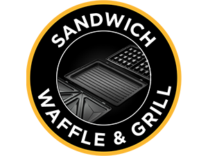 Conception du logo montrant un emblème de forme ovale avec le texte « SANDWICH WAFFLE & GRILL » en blanc sur fond noir avec bordure décorative.
