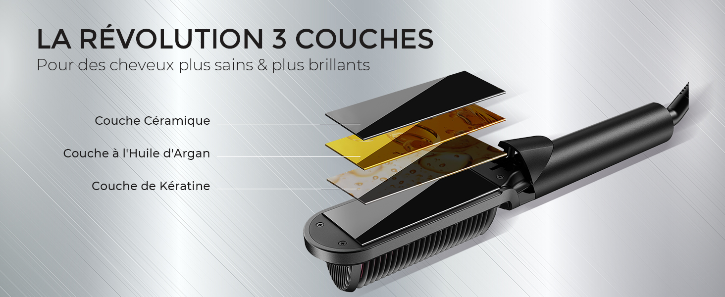 Le texte indique « LA REVOLUTION 3 COUCHES ». Schéma montrant un design de lame de rasoir en couches avec trois couches colorées distinctes en or, argent et noir sur fond dégradé.