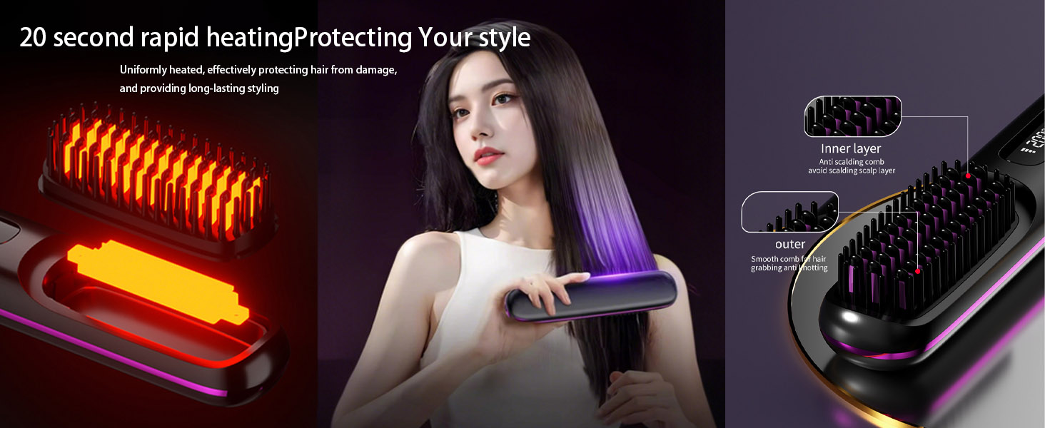 avec technologie de chauffage rapide. Comprend des éléments chauffants lumineux, une émission de lumière violette pendant l'utilisation et plusieurs vues de la tête de brosse mettant en valeur le design des poils