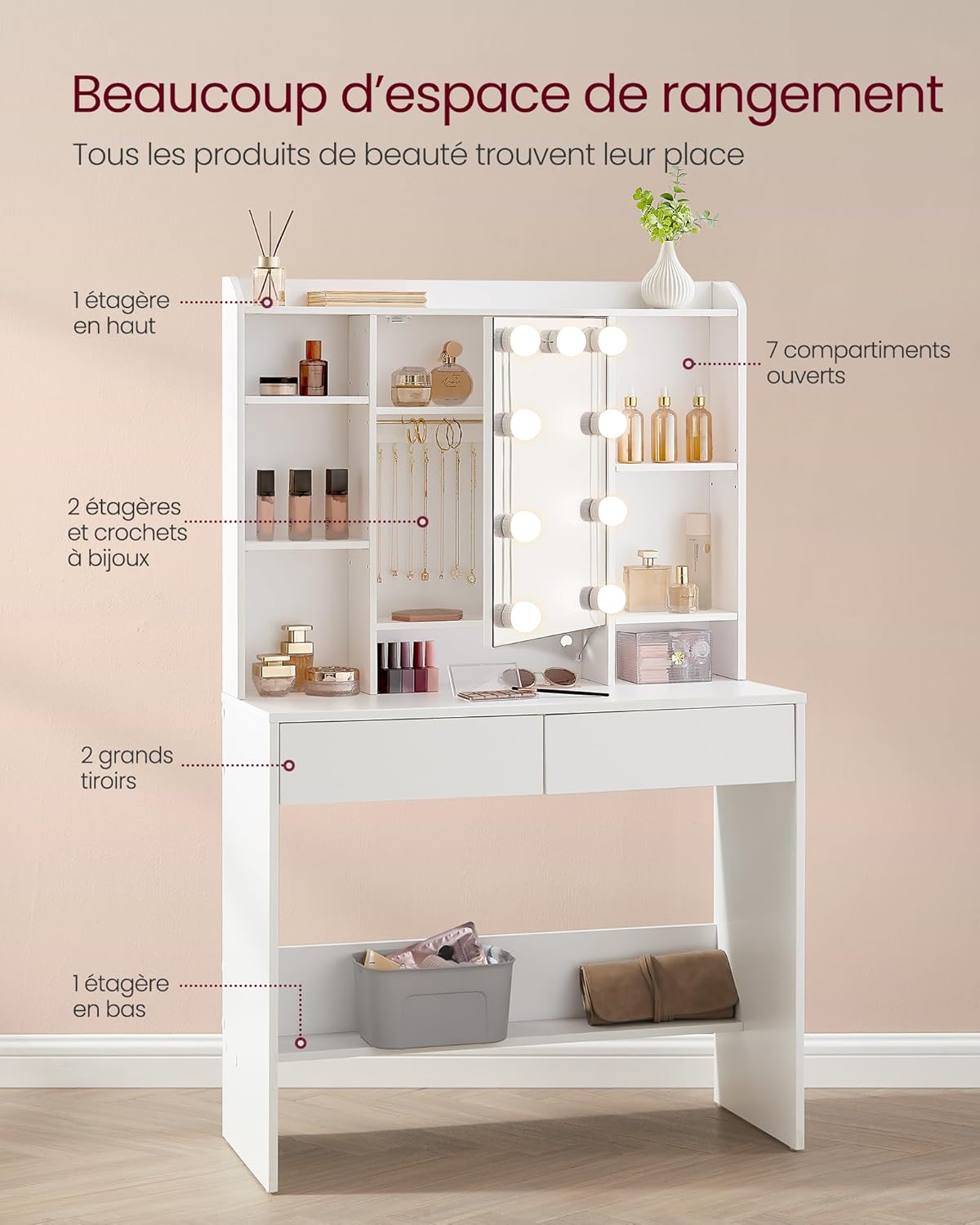 VASAGLE - coiffeuse moderne, miroir LED, 2 tiroirs, blanc, RDT126W01