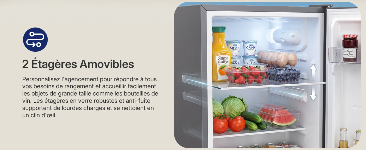 Le texte indique « 2 Estágeres Amovibles ». L'intérieur du réfrigérateur comprend des étagères réglables avec des produits frais et des compartiments de rangement.