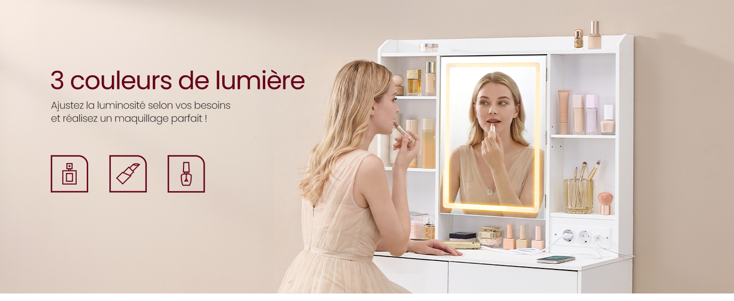 Le texte indique « Les 3 couleurs sont affichées ici ». L'image montre du matériel éducatif ou pédagogique utilisé sur la surface d'un bureau.