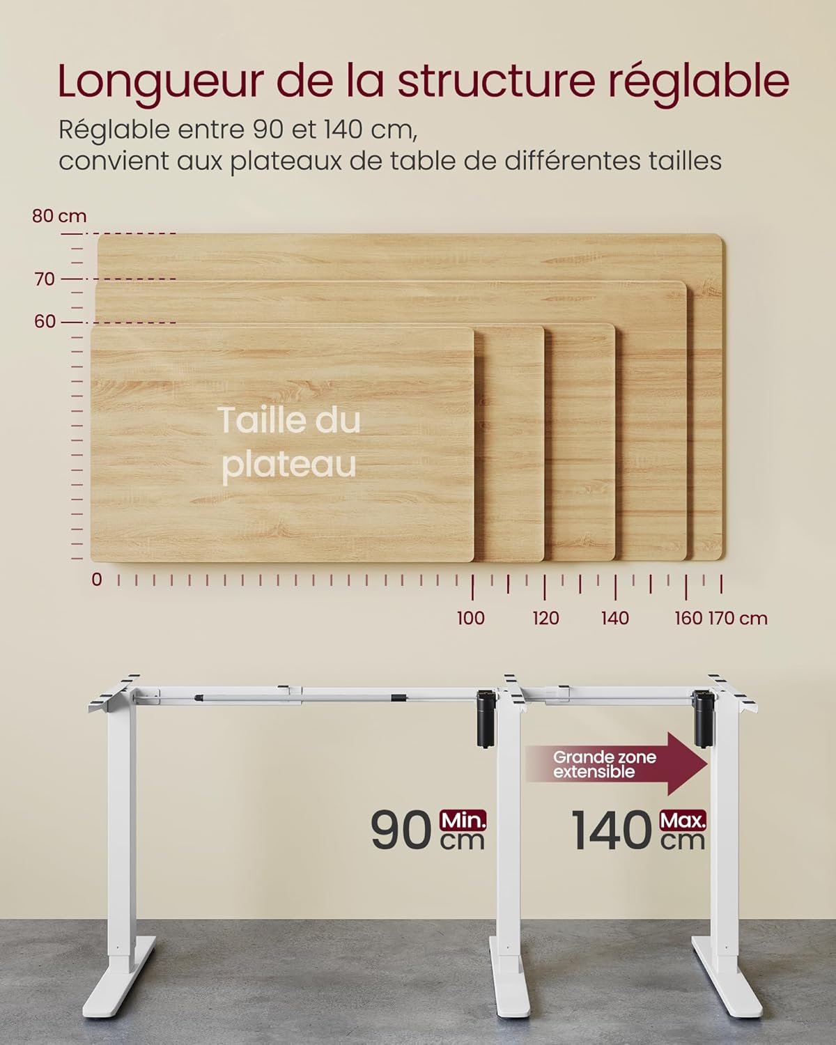 VASAGLE - bureau assis-debout, acier blanc, 3 hauteurs, 2 crochets, LSD021W01V2