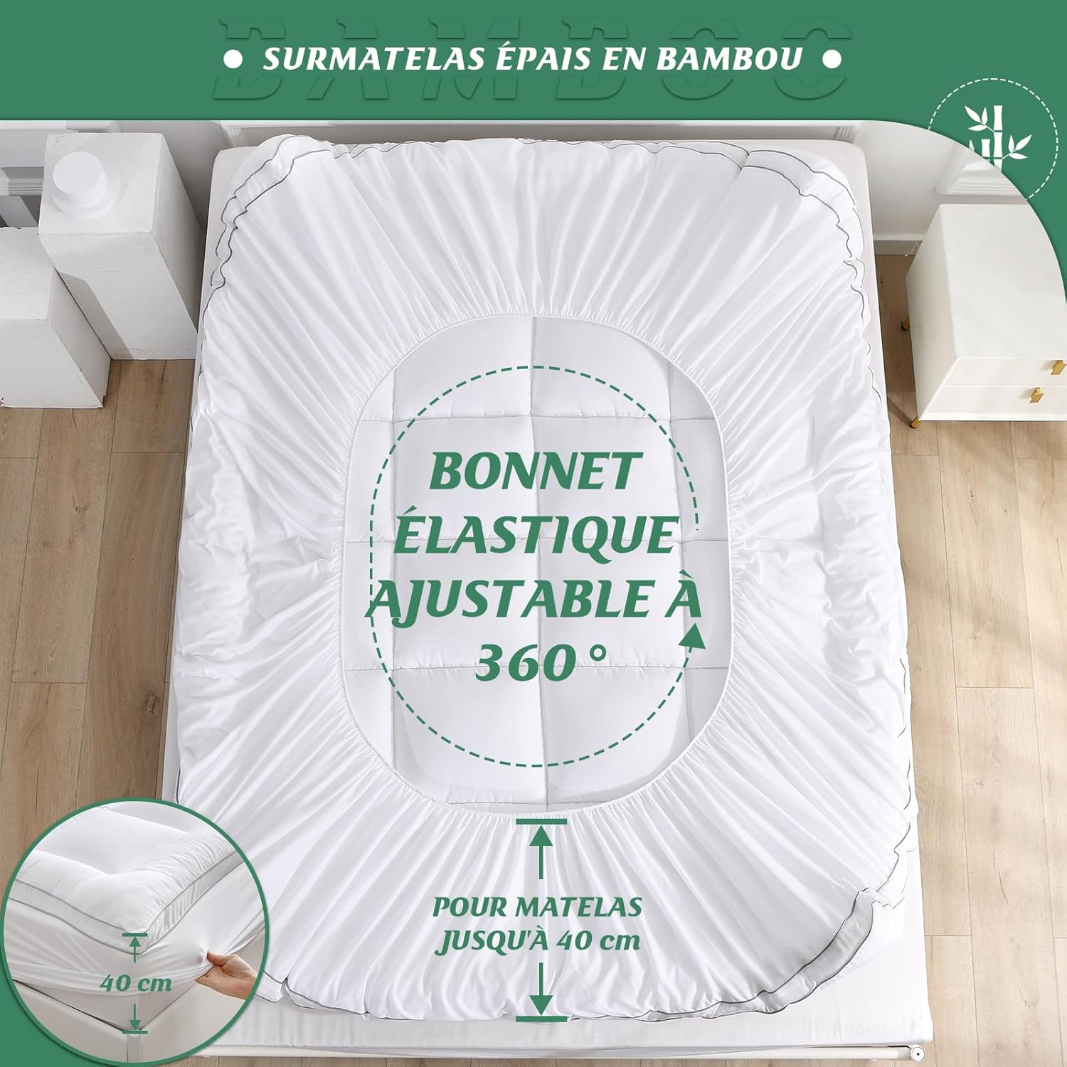 GRT - surmatelas épais 90x190cm, bambou ultra-doux, 6cm, respirant