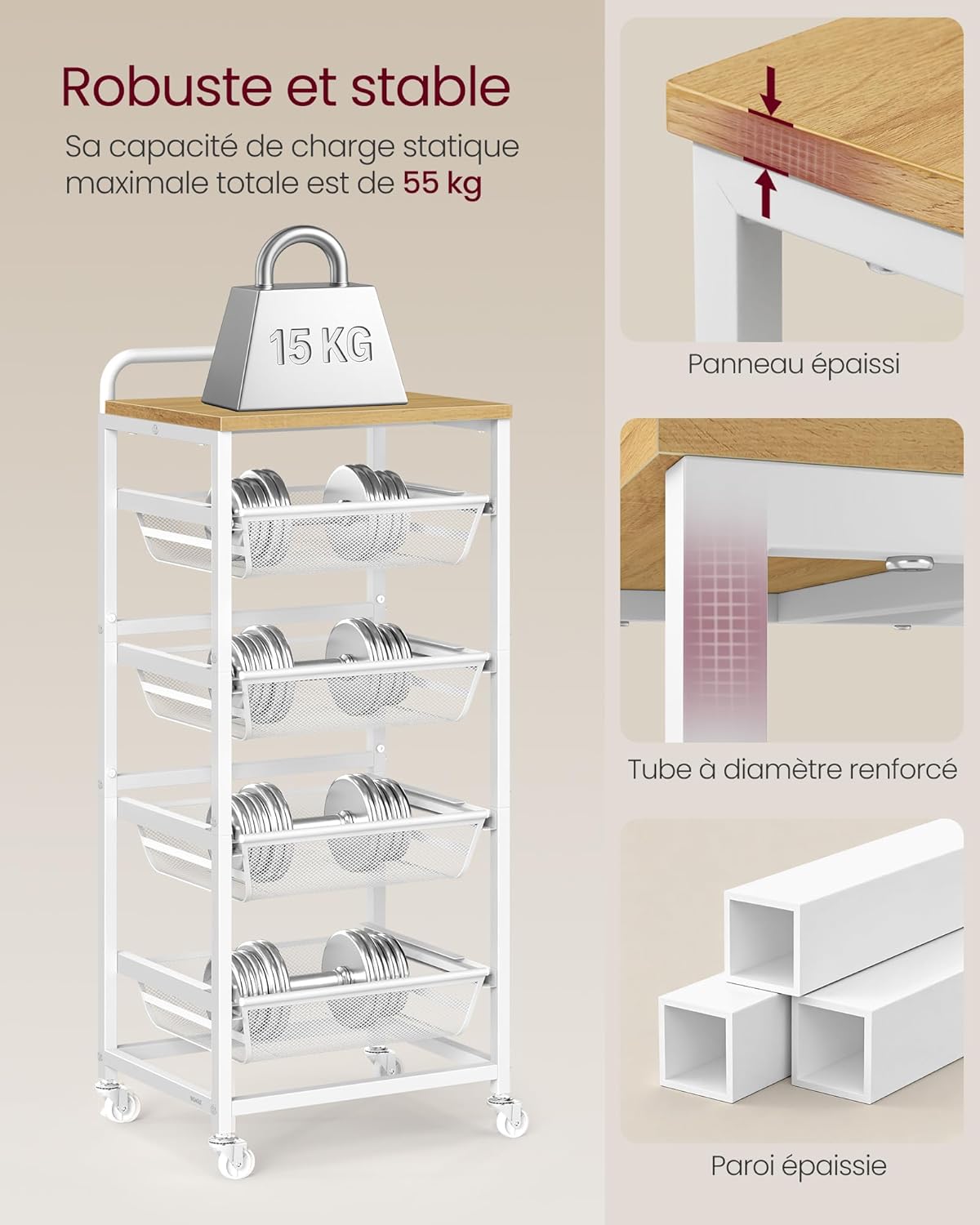 VASAGLE - chariot de rangement à 5 niveaux, 31,7x40x95cm, paniers extractibles, roulettes, poignée, LRC041YA01