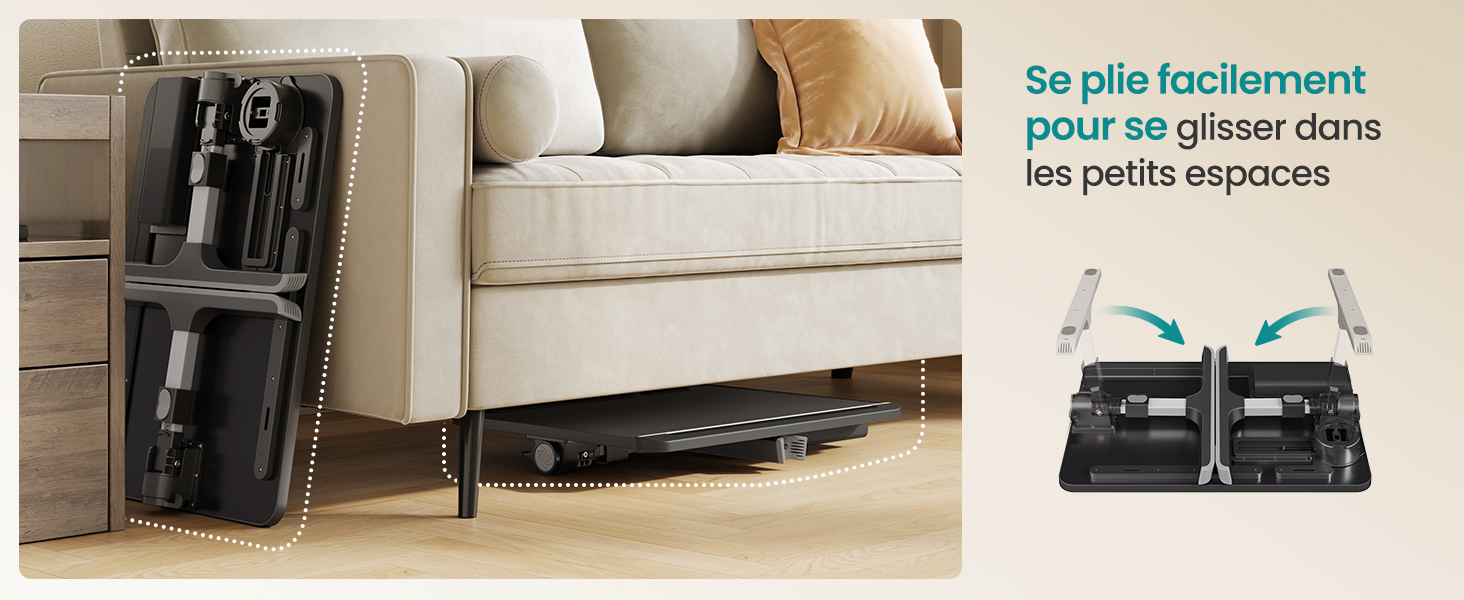 Le texte se lit comme suit : « Se plie facilement pour se glisser dans les petits espaces ». Images montrant des meubles pliables ou repliables dans un cadre domestique.