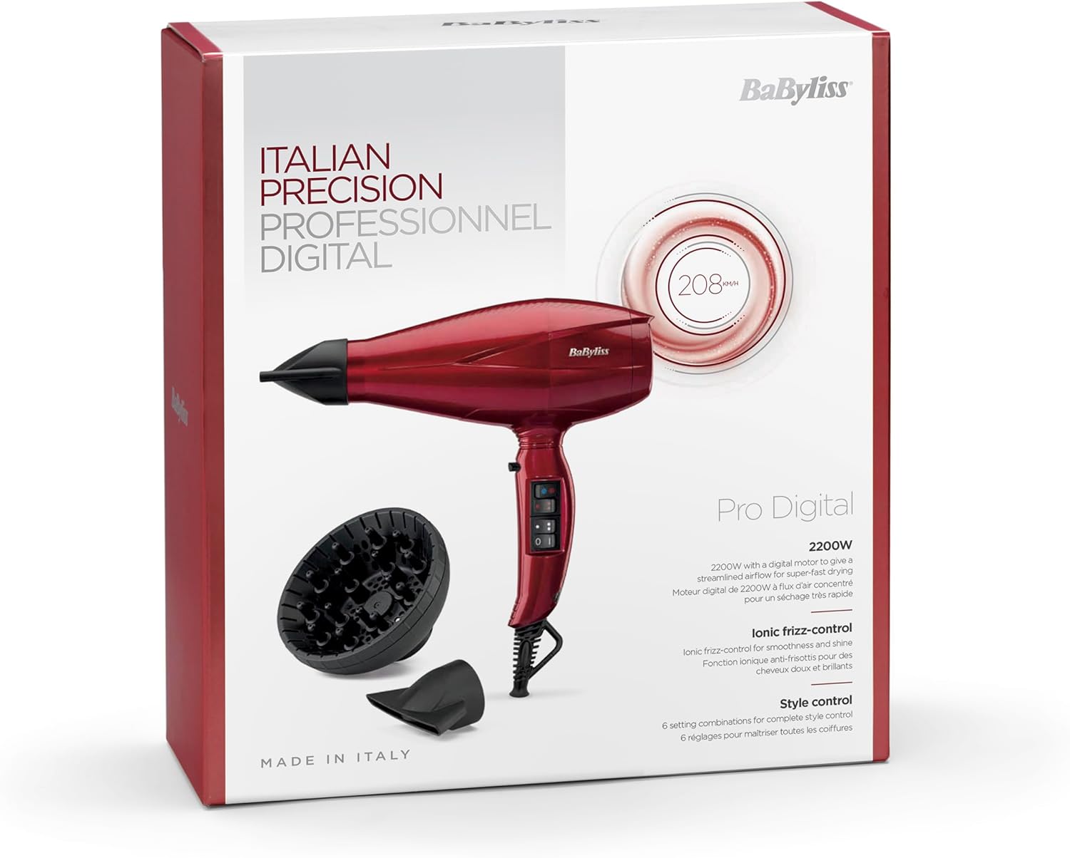 BaByliss - Sèche-cheveux Pro Digital, 2200W, ionique, 3 temp., 4 vit., rouge, 6001DE