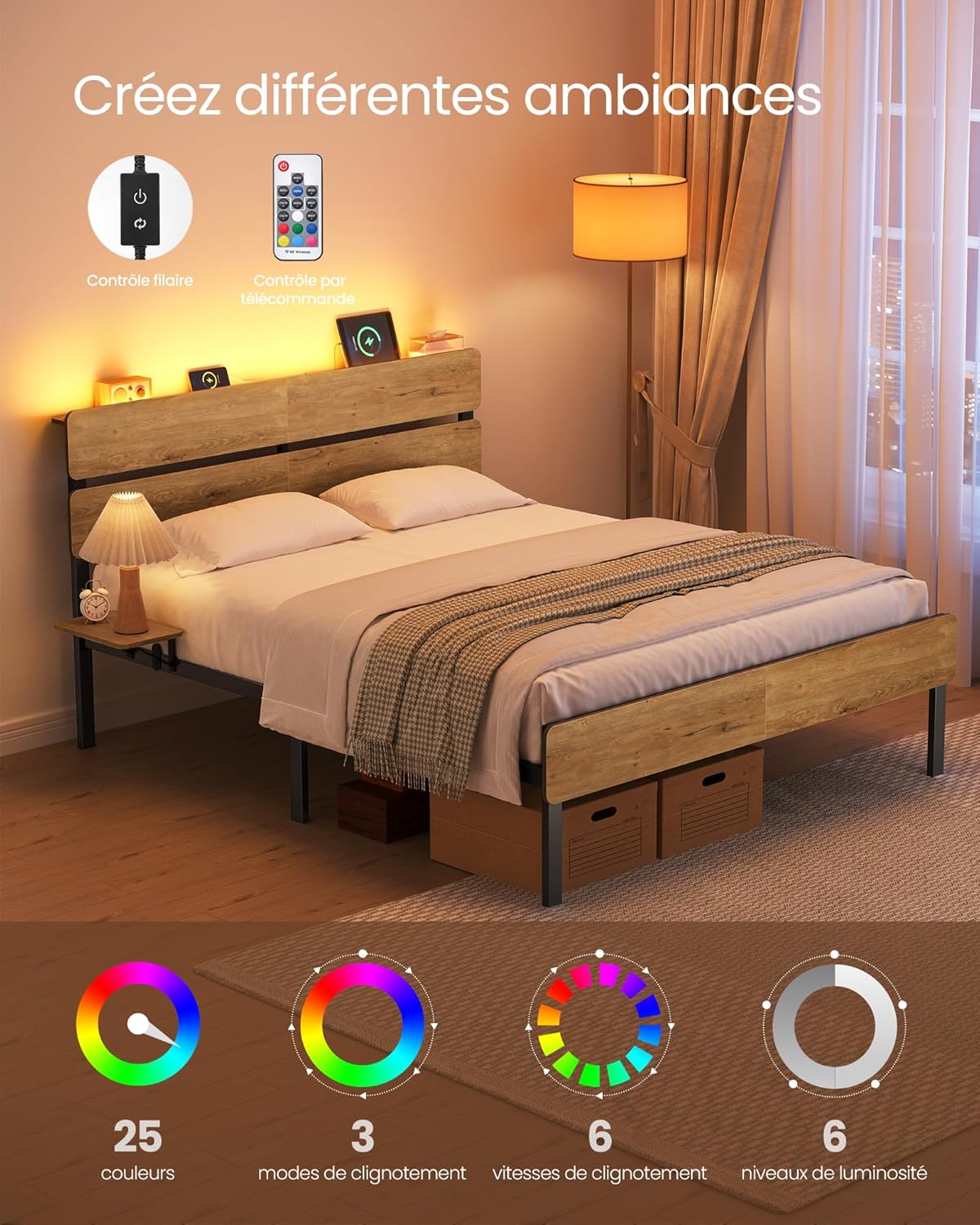 VASAGLE - Cadre de lit industriel - 140x190 cm - LED, USB/Type-C, rangement - RMB103K01