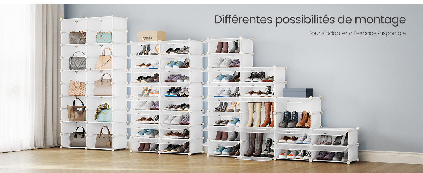 Le texte se lit comme suit : « Différentes possibilités de montage ». Série d'images montrant des systèmes d'étagères modulaires de rangement pour chaussures en blanc, exposés dans des environnements domestiques.