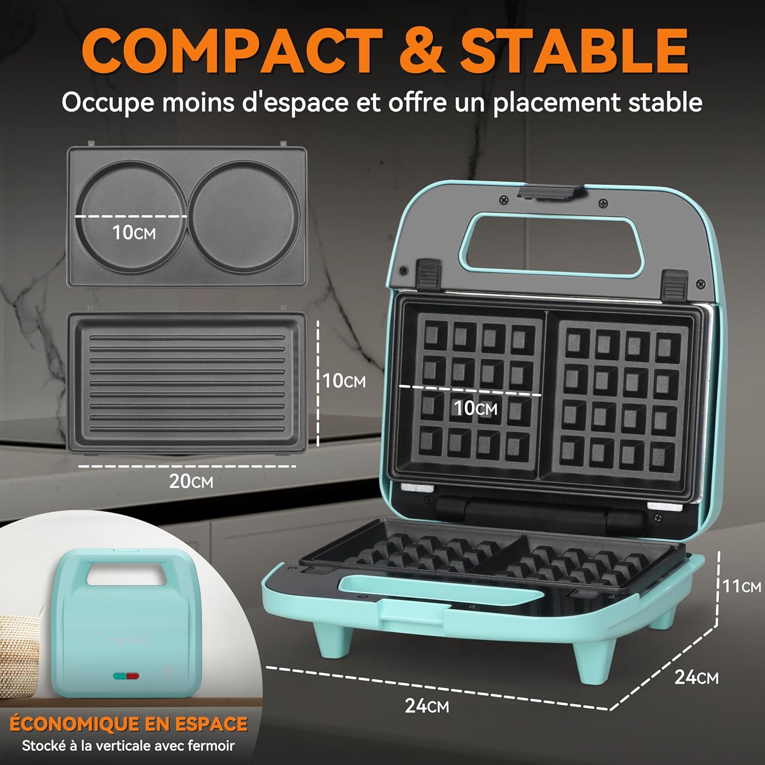 Baker's Friend - Gaufrier 3-en-1 - plaques amovibles antiadhésives - acier inoxydable, aqua