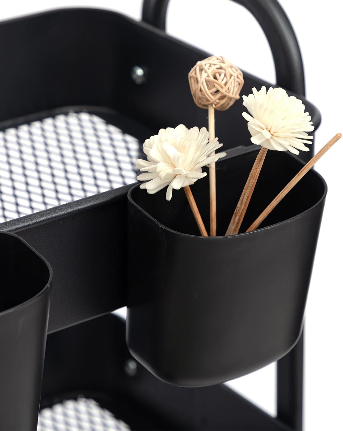 DOEWORKS - Chariot de rangement 3 niveaux, métal, roulettes, noir, avec tasses