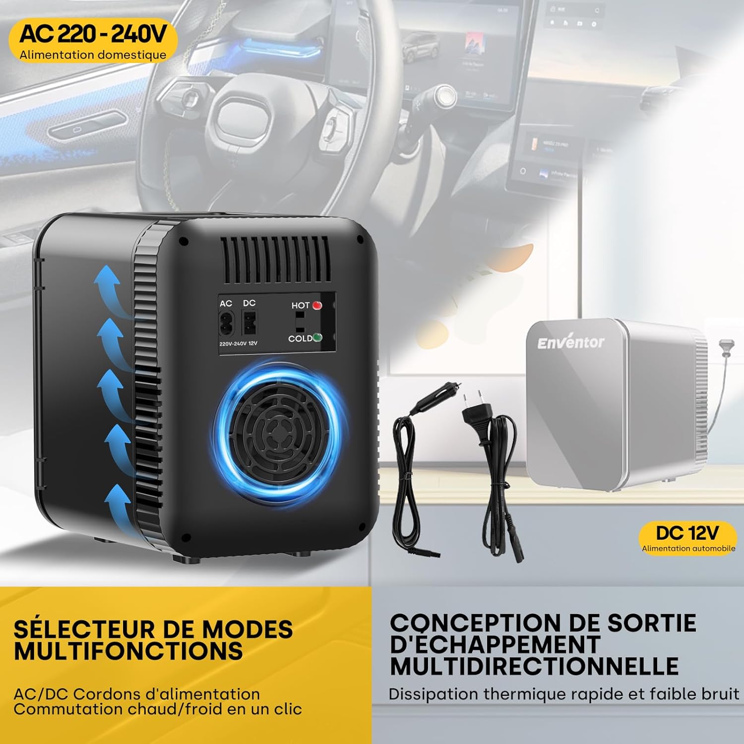 Enventor - Mini-Frigo 4L - compact, 6 canettes, 12V/220V, froid/chaleur