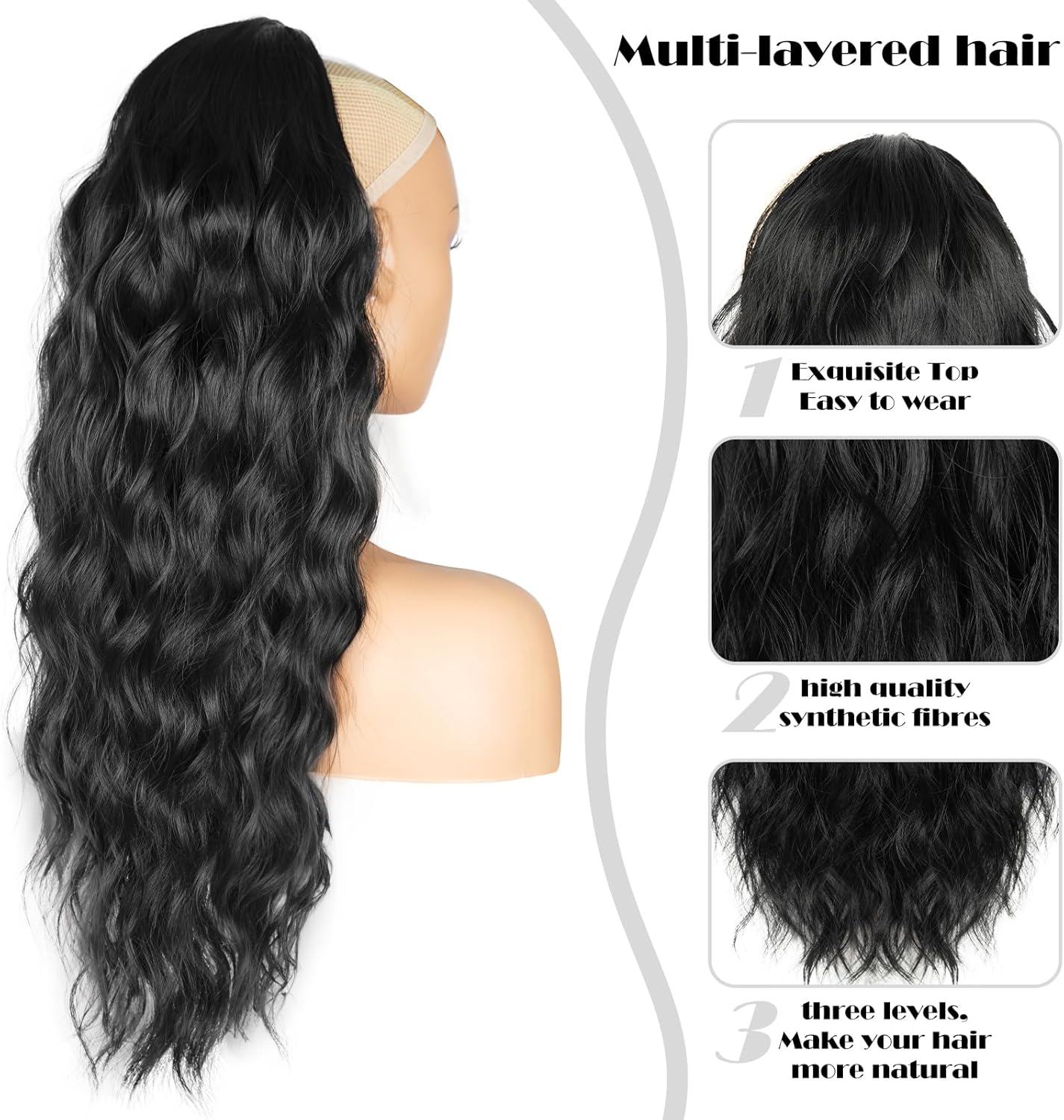 Extension cheveux naturel - ponytail 66cm - ondulée, cordon, couleur 1B#