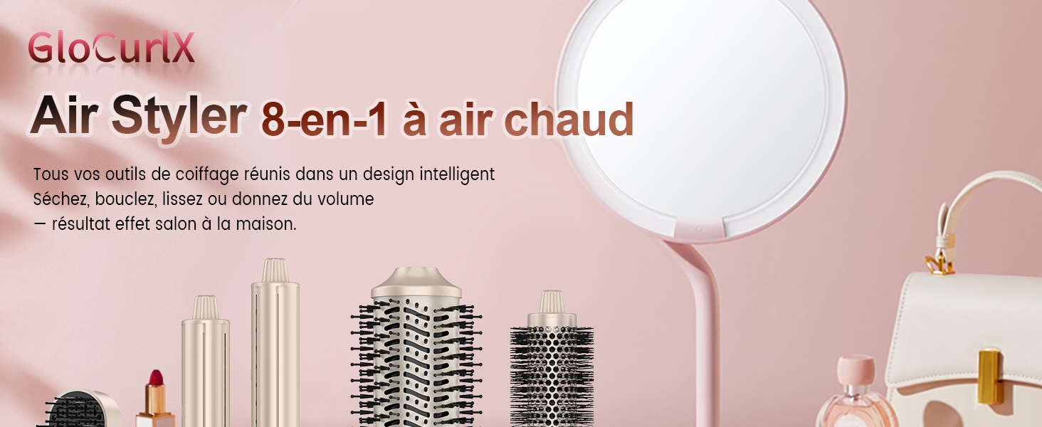 Le texte indique « Air Styler 8-en-1 à air chaud, Bio-Ionic ». Démonstration du produit montrant les multiples accessoires et capacités de coiffage de l'outil de coiffure.