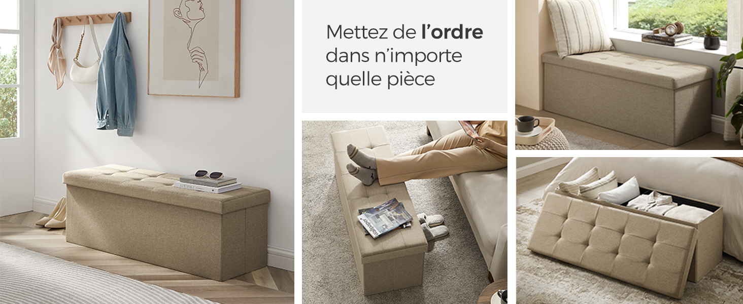 peut être utilisé pour trois utilisations : comme siège, ouvert pour le rangement et fermé avec des objets sur le dessus. Texte en français à propos de l'organisation.