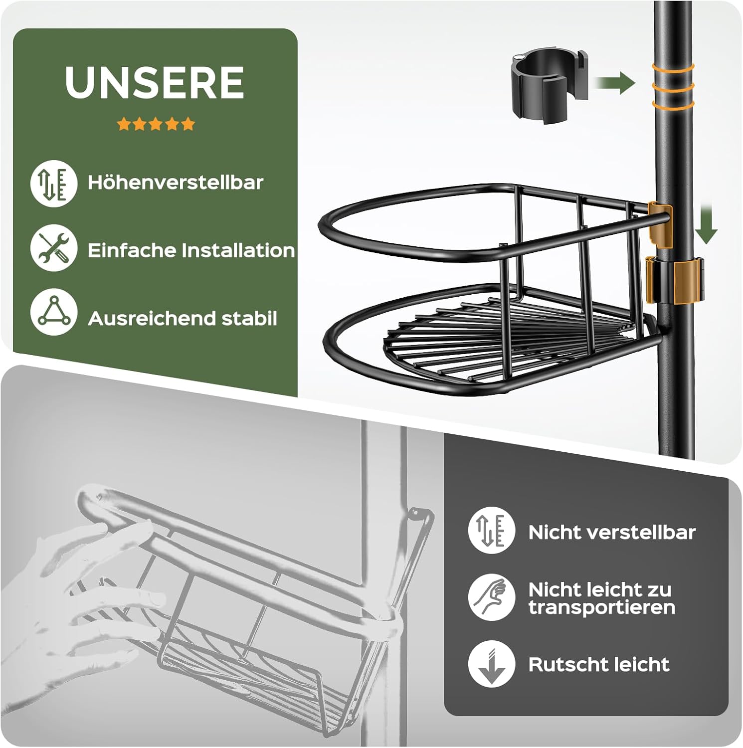 HAMITOR - étagère de douche d'angle télescopique - 121-314cm - 4 niveaux métal, sans perçage, noir