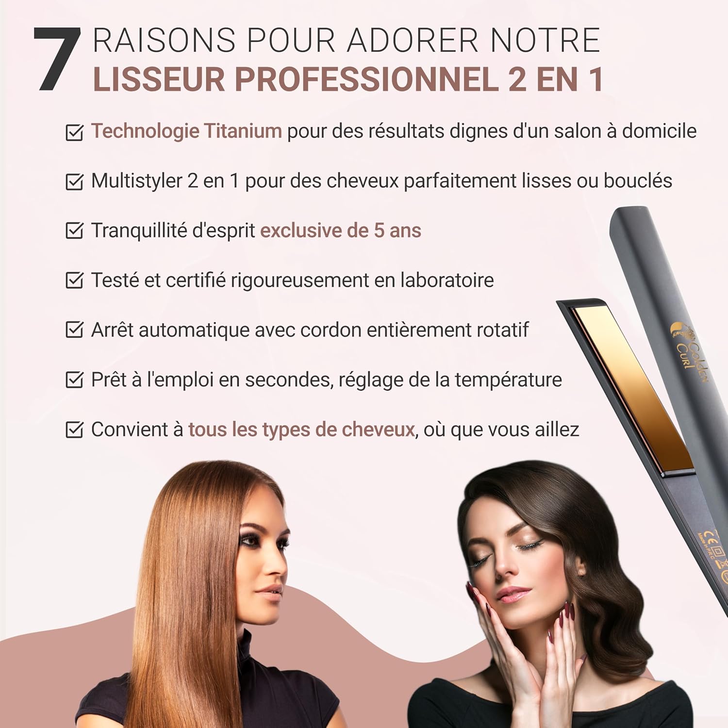 Golden Curl - Gold Control - lisseur/boucleur 2 en 1 - garantie 5 ans, température réglable