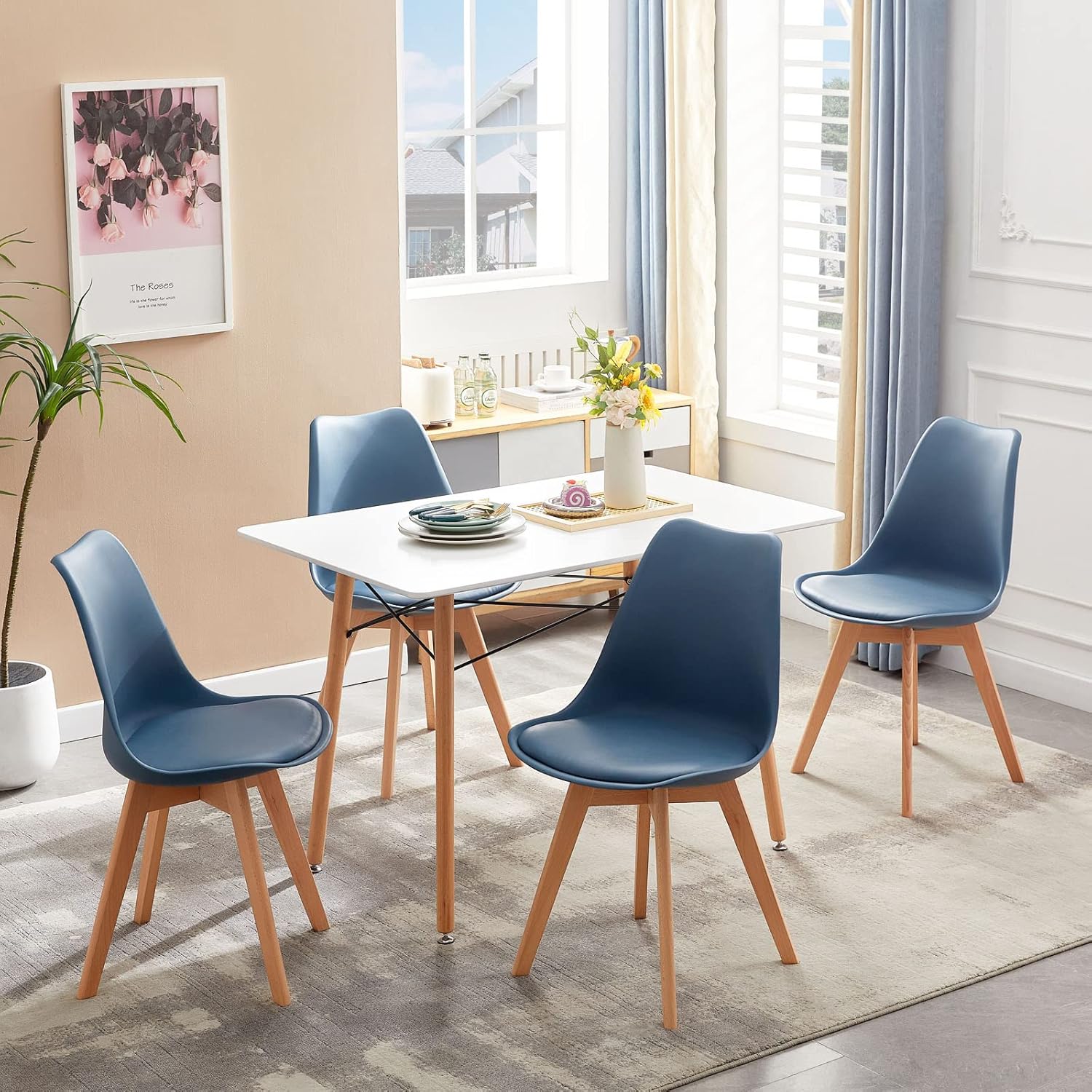 EGGREE - lot de 4 chaises scandinaves - bois hêtre, rembourrées, bleu foncé