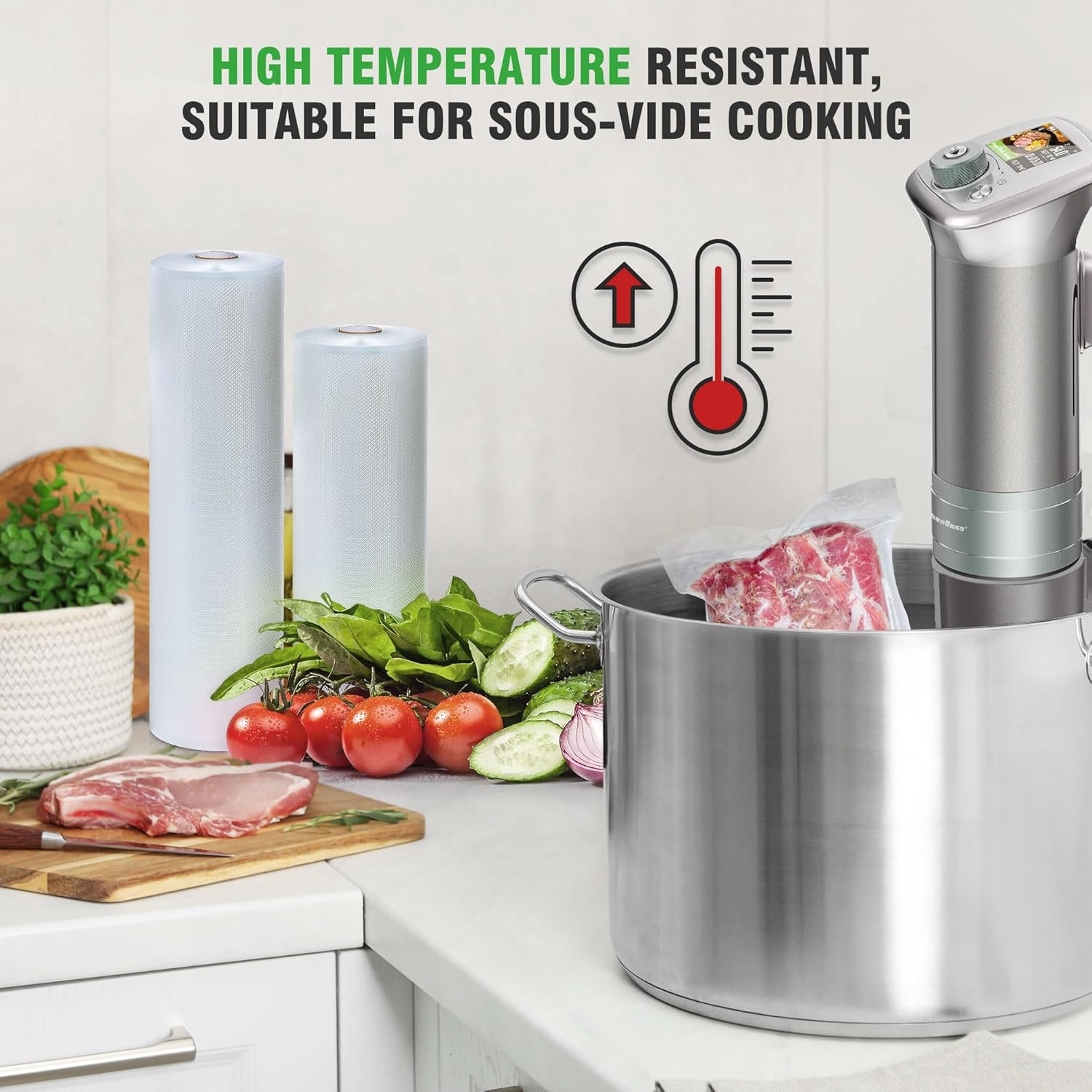 KitchenBoss - rouleaux sous vide série alimentaire - 28x300cm - lot de 6, compatibles cuisson