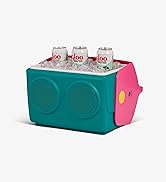 Plusieurs vues d'un appareil rectangulaire turquoise et rose surmonté de trois supports cylindriques. Le produit semble être un appareil de test ou de mesure présenté sous différents angles.