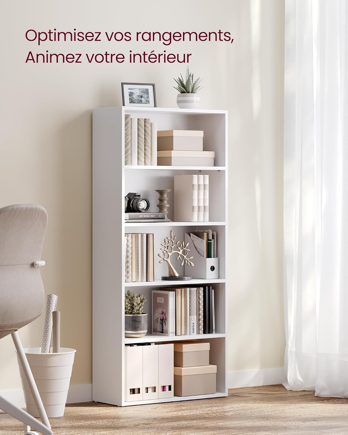 VASAGLE - bibliothèque 6 niveaux, 24x60x134,2cm, blanc, LBC165T14