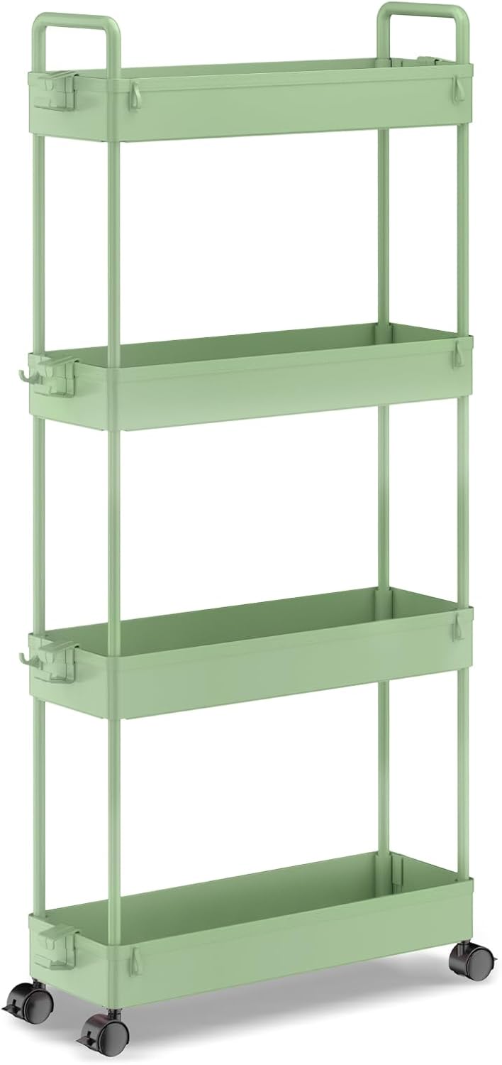 SOLEJAZZ - Chariot de rangement 4 niveaux - plastique vert, à roulettes, compact, pour espaces étroits