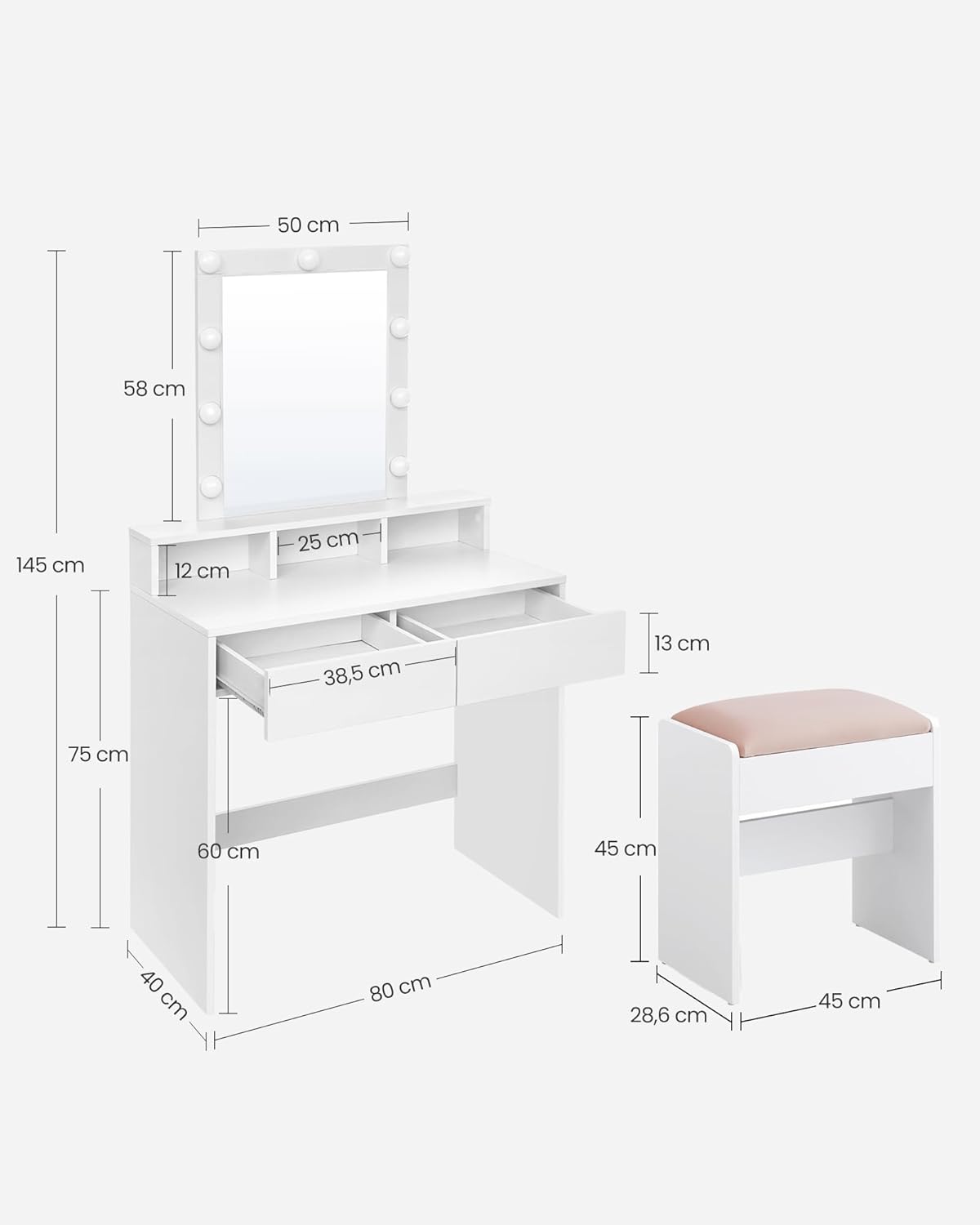 VASAGLE - Kailyn Collection - 80 cm - Coiffeuse miroir lumière, tabouret, rangements, RDT714W01