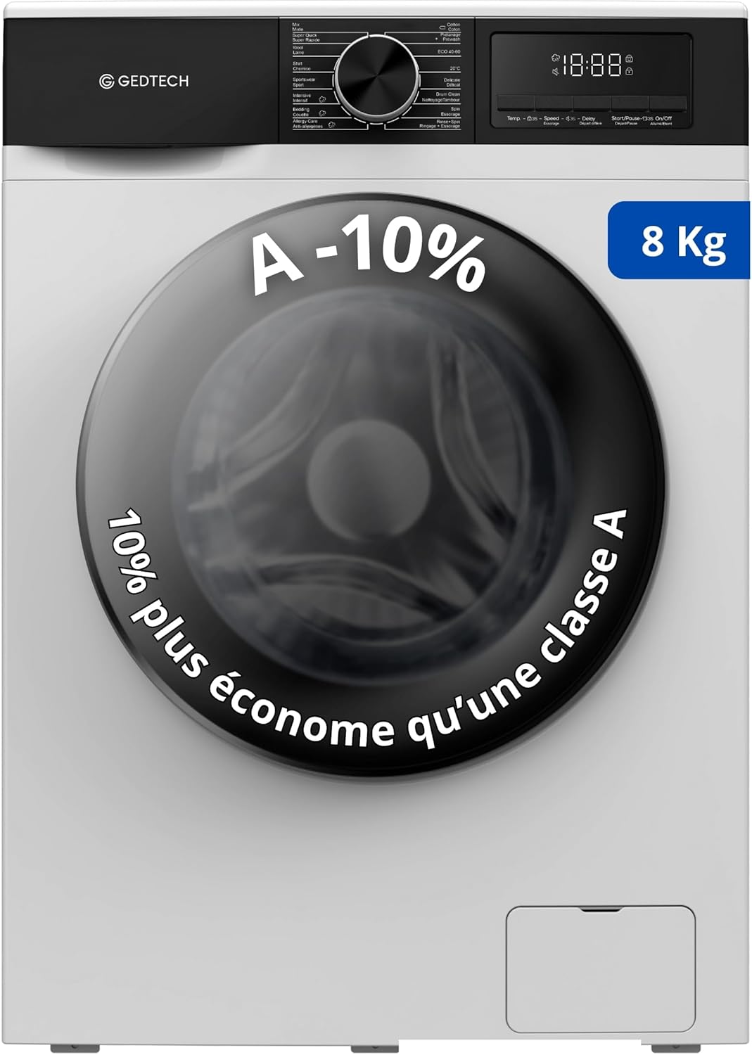 GEDTECH - lave-linge frontal 8kg 1400tr/min, classe A, 16 programmes - GLL81400WH