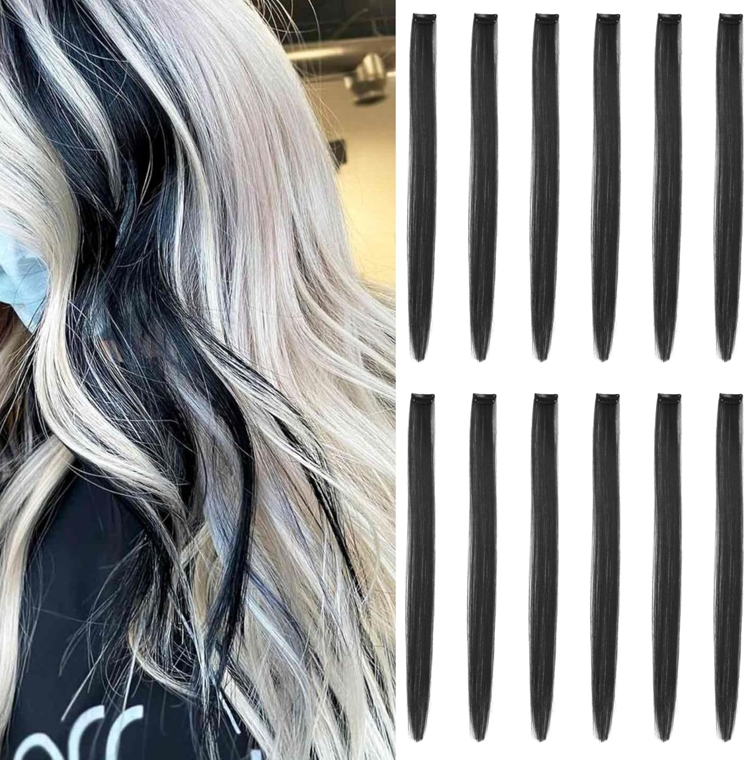 Extensions cheveux colorées à clipser, 12 pcs, noir, mèches longues