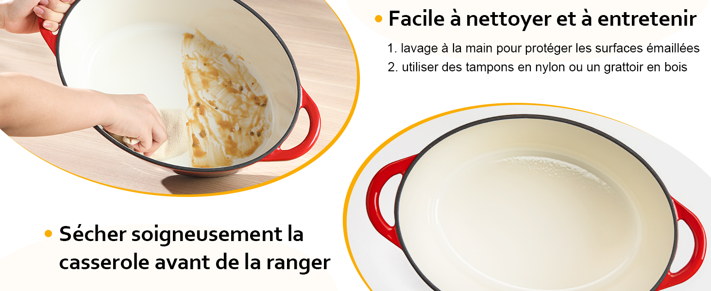 Schéma d'instructions montrant les étapes de nettoyage et de séchage appropriées pour une marmite à manche rouge avec intérieur en émail blanc