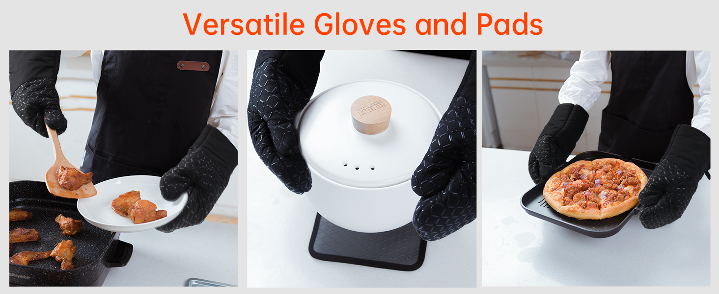 Image à trois panneaux montrant des gants noirs utilisés pour manipuler de la viande, faire fonctionner un appareil de cuisine et tenir une pizza. Le texte indique « Gants et coussinets polyvalents »