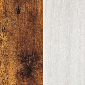 Échantillons de texture de bois côte à côte montrant une finition patinée brun foncé contrastante et une finition légèrement blanchie à la