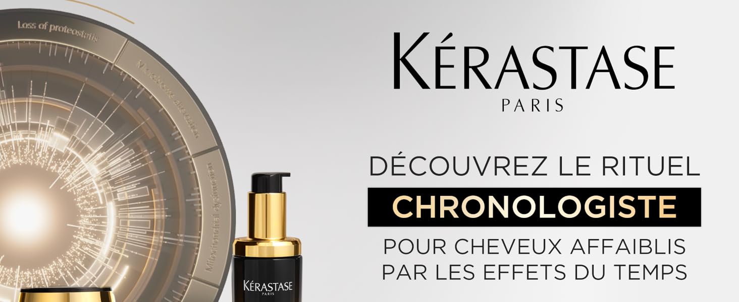 Le texte indique « KÉRASTASE CHRONOLOGISTE DÉCOUVREZ LE RITUEL PAR LES EFFETS DU TEMPS » sur un fond sombre et luxueux orné d'éléments métalliques circulaires.