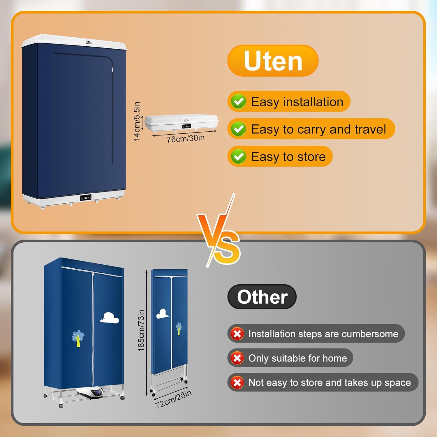 Sèche-linge électrique portable, 1500W, amovible, minuterie, compact