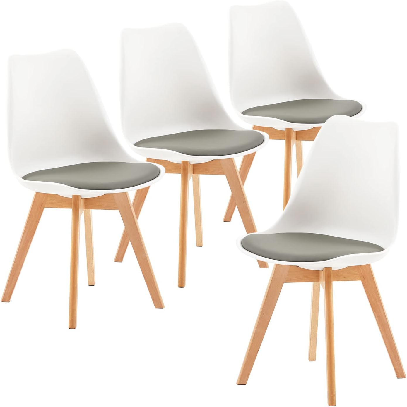 EGGREE - Lot de 4 chaises - bois hêtre, coussin PU, blanc/gris, design scandinave