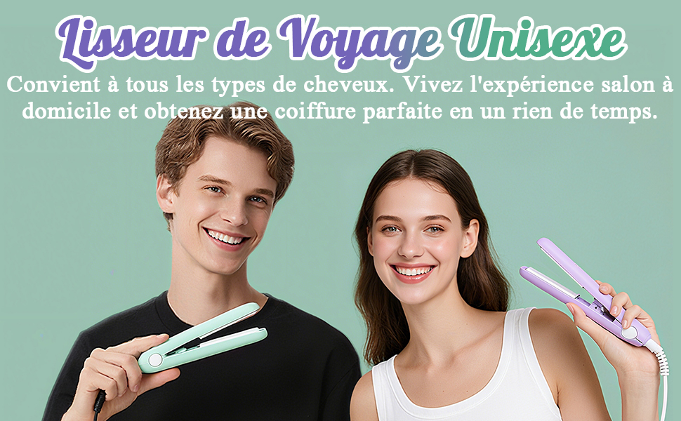 Le texte indique « Lisseur de Voyage Unisexe ». Publicité en français montrant un produit de coiffure sur fond vert menthe.
