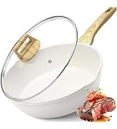 Poêle à frire en céramique blanche avec couvercle en verre et manche en bois, illustrée en séquence illustrant le processus de cuisson de la viande.