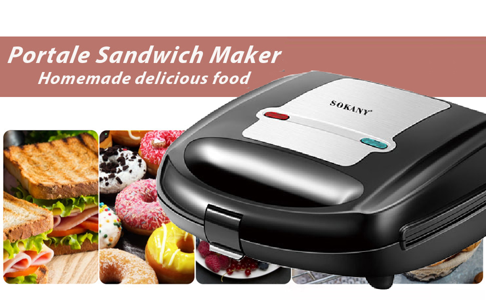 Le texte indique « Machine à sandwich portable » et « Délicieux plats faits maison ». Machine à sandwich électrique noire illustrée avec diverses photos de préparation des aliments.