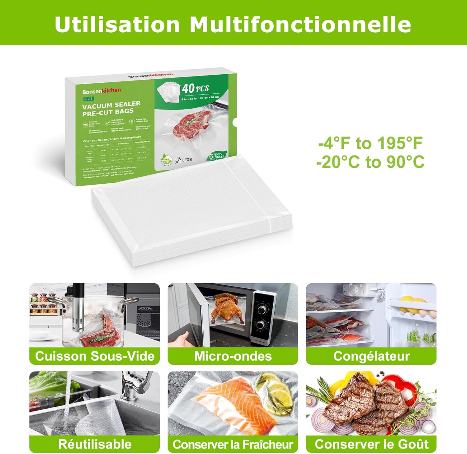 Bonsenkitchen - sacs sous vide VB32 - 20x30 cm - 40 sachets sans BPA