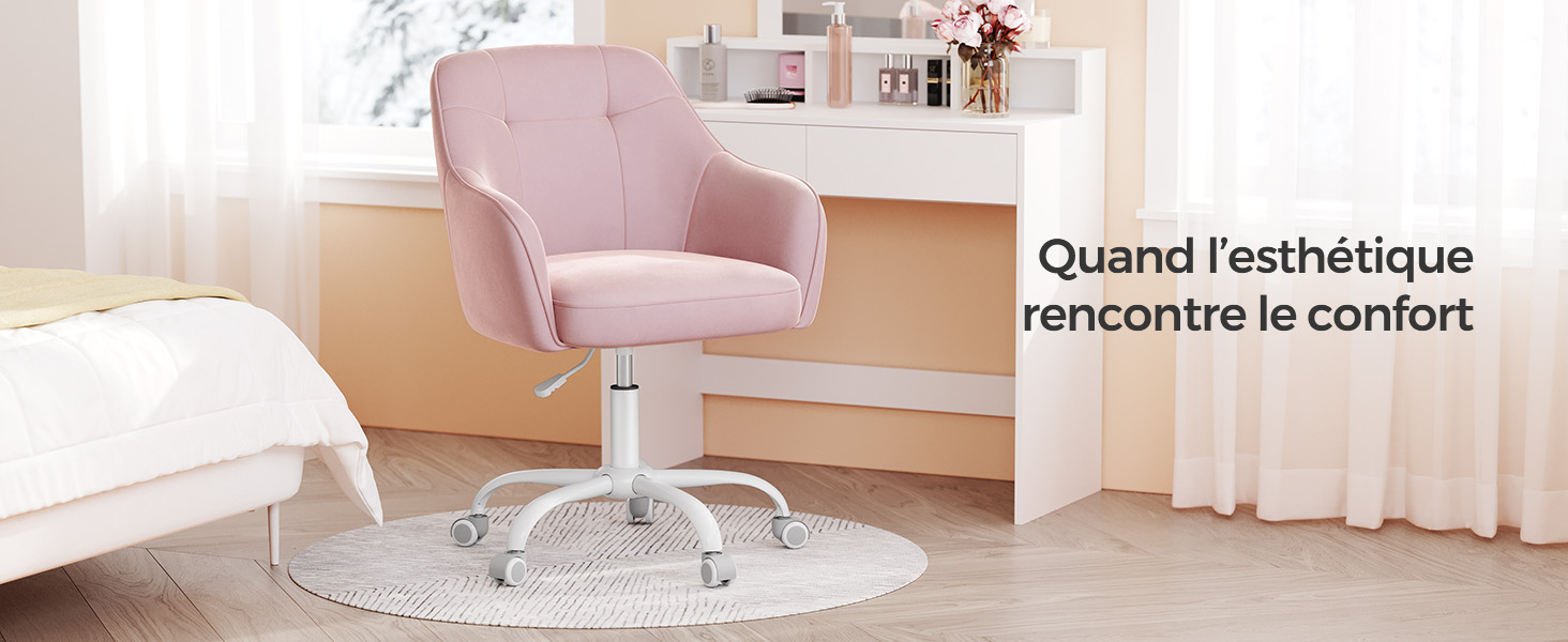 à hauteur réglable sur un tapis circulaire blanc. Le texte suggère un mélange d'esthétique et de confort.