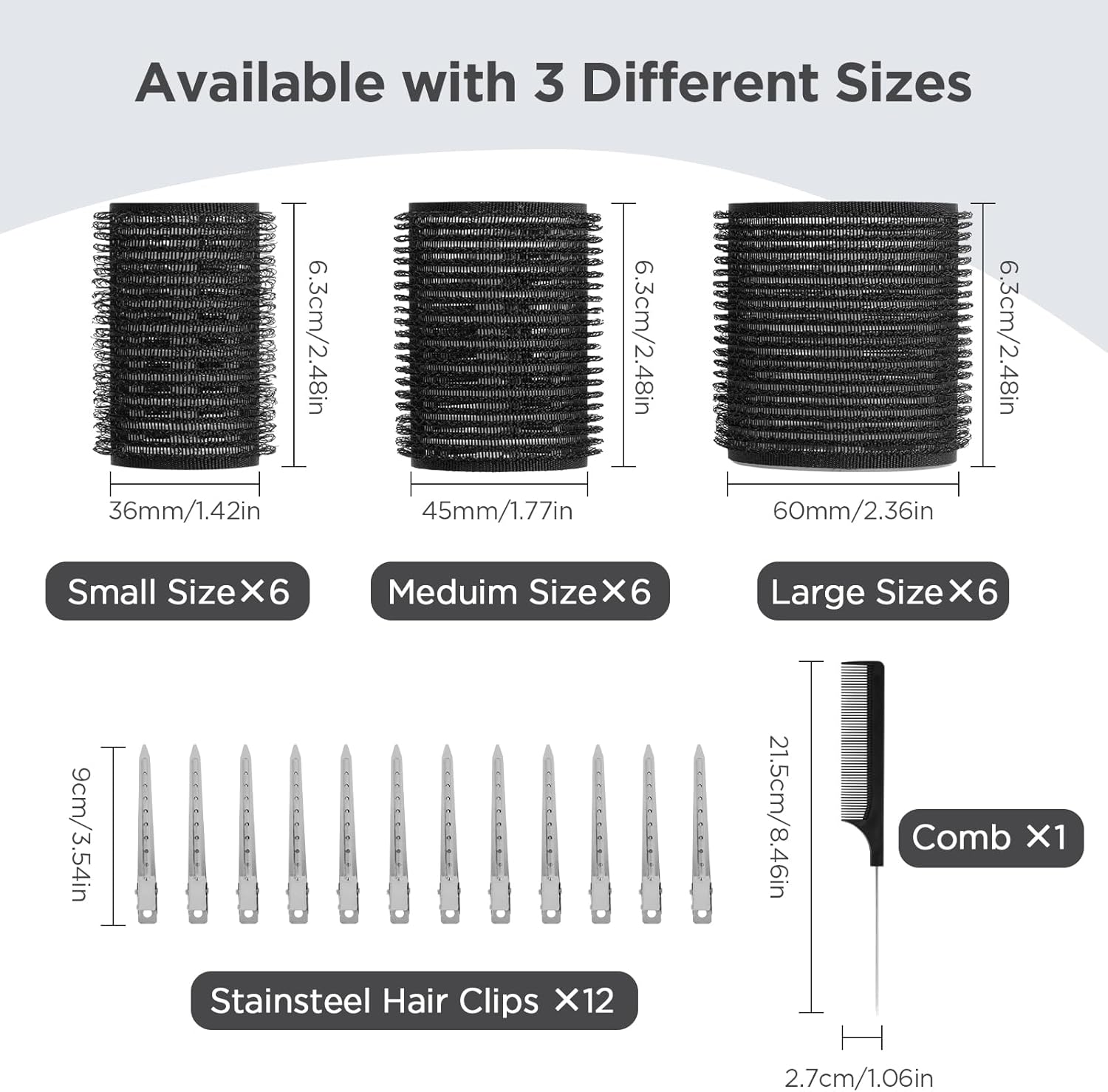 Romon - Set bigoudis chauffants 31 pièces, 3 tailles, avec pinces et peigne