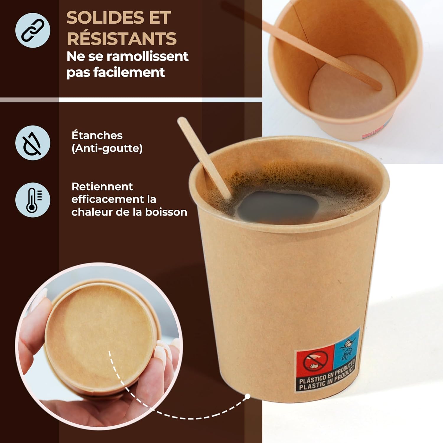 Gobelets jetables en carton - kraft - 210ml - résistants, étanches