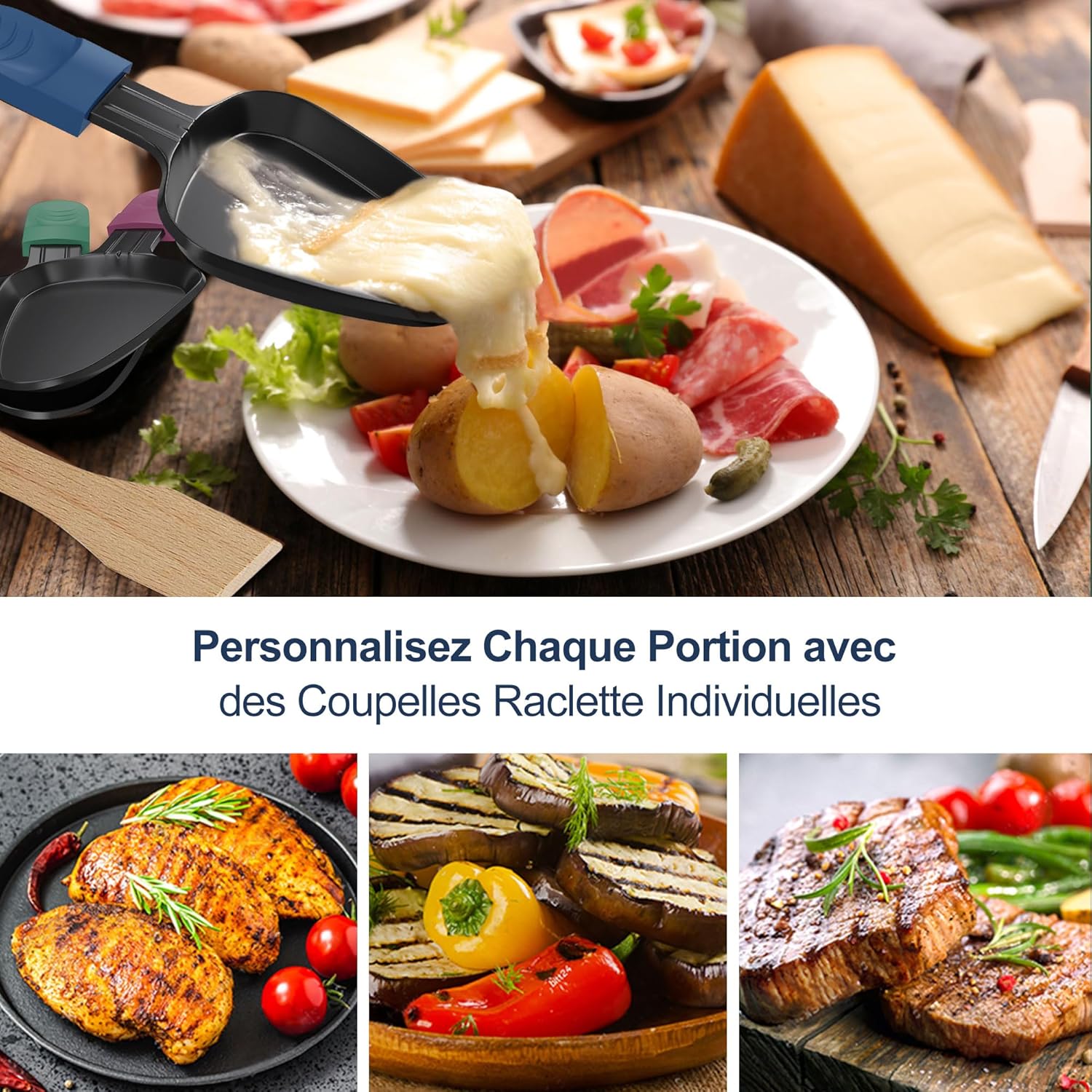 ipow - lot de 8 poêlons à raclette triangle, antiadhésifs, avec spatules