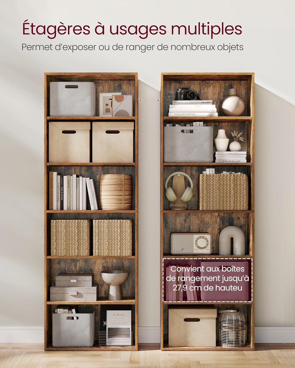 VASAGLE - bibliothèque rangement 6 niveaux - 24x60x178.5 cm - marron rustique LBC169K01