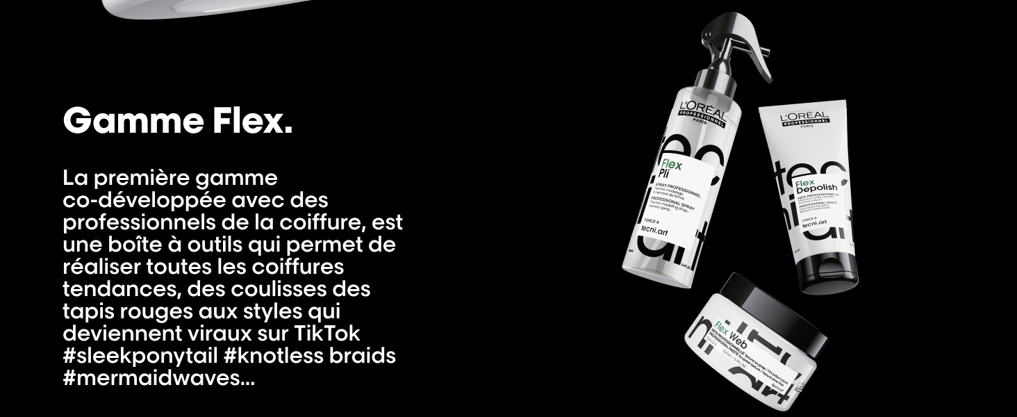 Le texte indique « Gamme Flex ». Image de produit en noir et blanc montrant trois contenants suspendus en forme de bouteille sur fond noir.