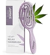 Le texte indique « BROSSE À CHEVEUX HEMP RELAX ». Brosse à cheveux démêlante violette avec emballage du produit orné d'un motif de feuille de chanvre.
